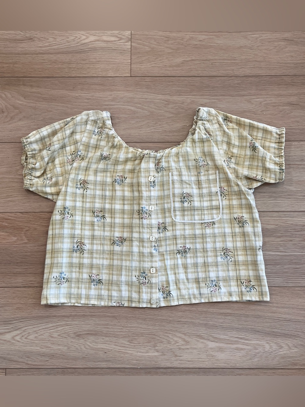 Upcycled Plaid Floral Button Front Peasant Blouse Cottagecore Puff Sleeve
